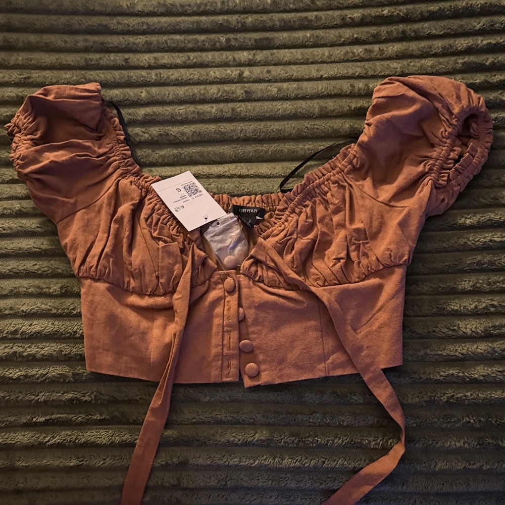 Forever 21 Rusty Rose Puff Sleeve Cropped Tie Front Top